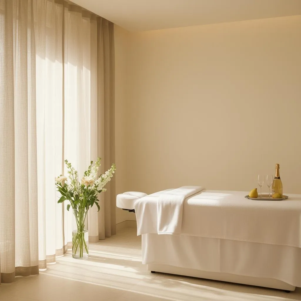 Tranquil treatment room with sheer linen drapes and warm sunlight